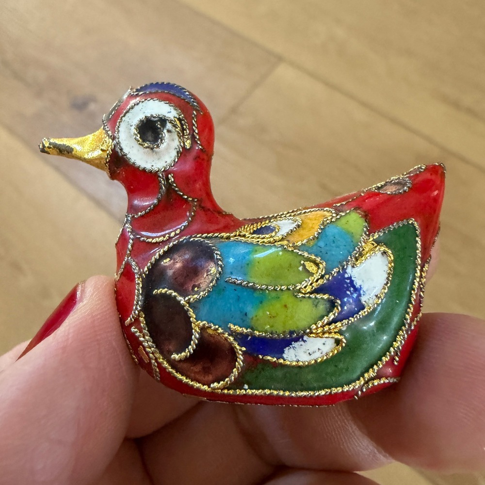 Vintage Chinese Cloisonne Enamel Duck Figurine Red Miniature Bird Filigree 1.75" - Picture 4 of 11